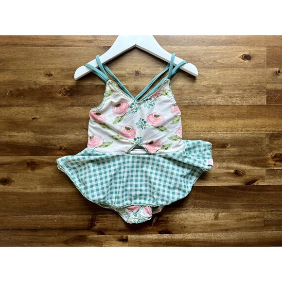 SweetHoney Morgan Skirted One Piece Swimsuit Creamy Floral Pink Green Gingham 5 - Picture 2 of 9